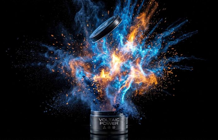 Product presentation, using AI assistance. Dramatic scene with modern explosion.